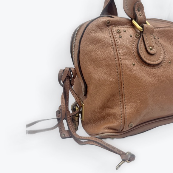 Auth Chloe Caramel Brown Leather Studded Auore Top Handle Duffel Tote Bag - Picture 2 of 16